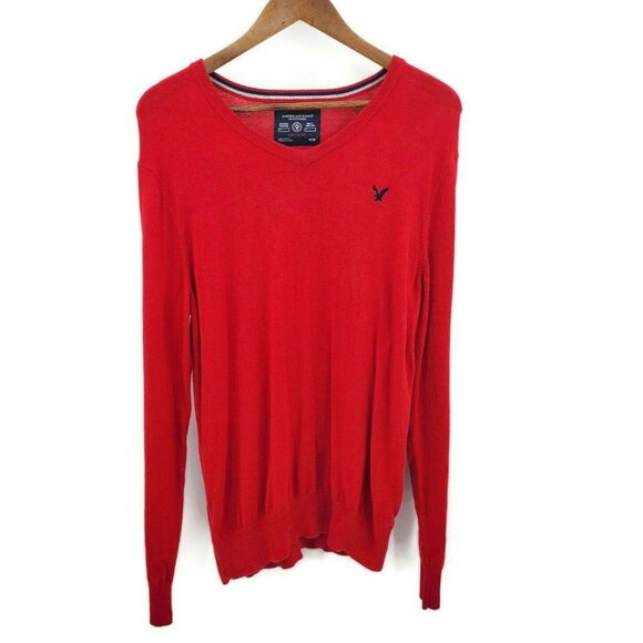American Eagle Outfitters Sweaters - American Eagle Mens Red Cotton Pullover Sweater Size Medium M Long Sleeve V-Neck